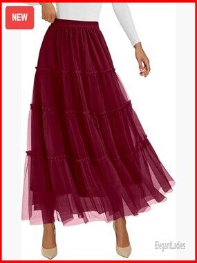Tulle Maxi Skirt High Waisted Elastic Tiered A-Line Spring Casual
